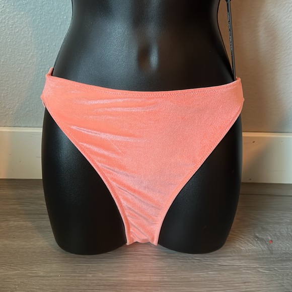 Orange coral velvet string top with high waist bottom set. - Picture 7 of 16